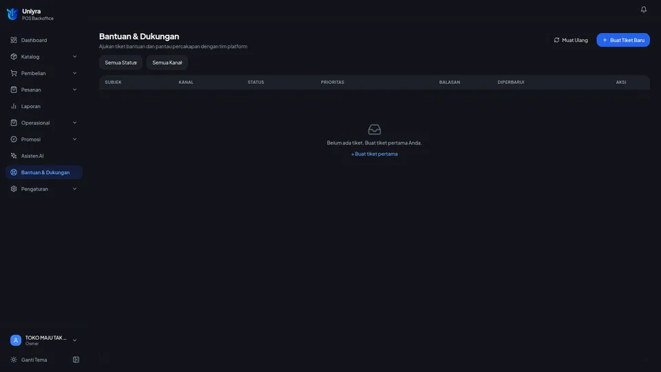 Halaman Bantuan & Dukungan dengan filter status Terbuka, Menunggu, Selesai, Ditutup dan pesan Belum ada tiket