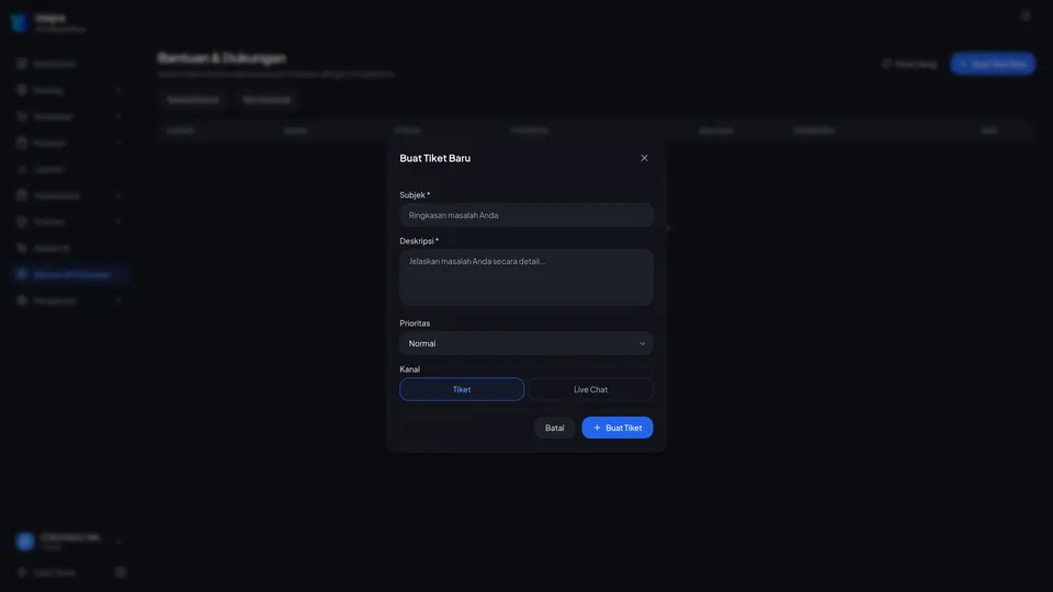 Dialog Buat Tiket Baru dengan kolom Subjek, Deskripsi, Prioritas, dan Kanal