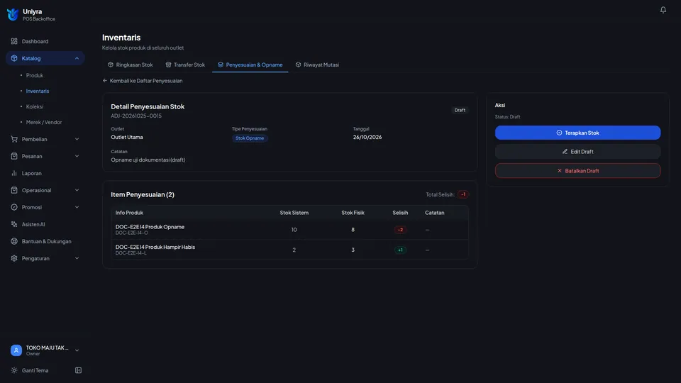 Detail penyesuaian berstatus Draft dengan Total Selisih dan tombol Terapkan Stok, Edit Draft, Batalkan Draft