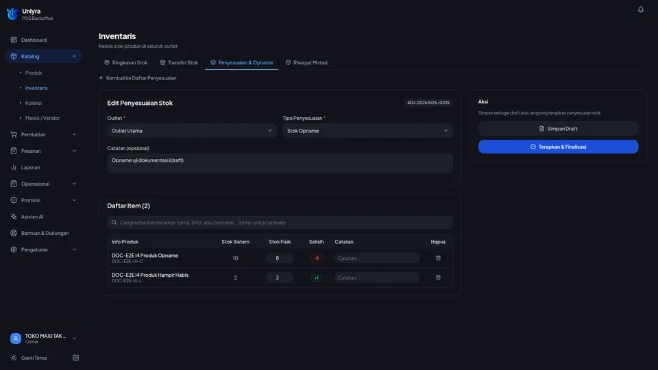 Form edit draft dengan dua produk dan tombol Simpan Draft
