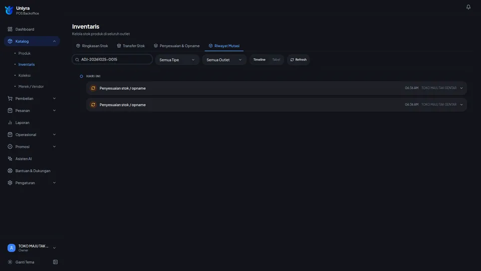 Riwayat Mutasi yang dicari dengan nomor dokumen menampilkan entri Penyesuaian stok / opname