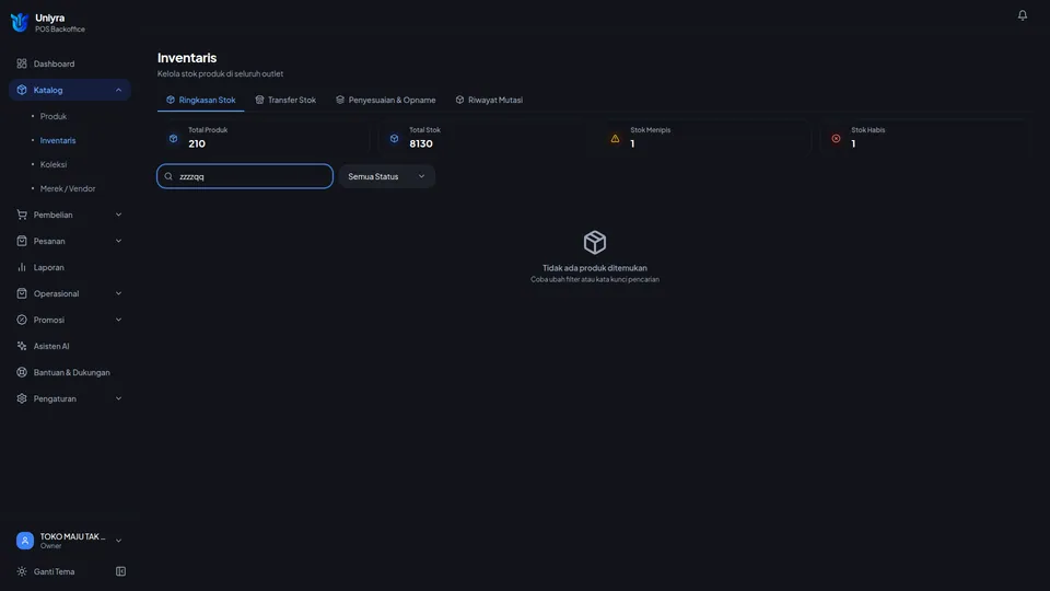 Ringkasan Stok tanpa hasil dengan pesan Tidak ada produk ditemukan dan saran mengubah filter atau kata kunci pencarian