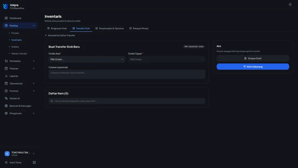 Form Buat Transfer Stok Baru kosong dengan Outlet Asal, Outlet Tujuan nonaktif, Catatan, Daftar Item, tombol Simpan Draft dan Kirim Sekarang