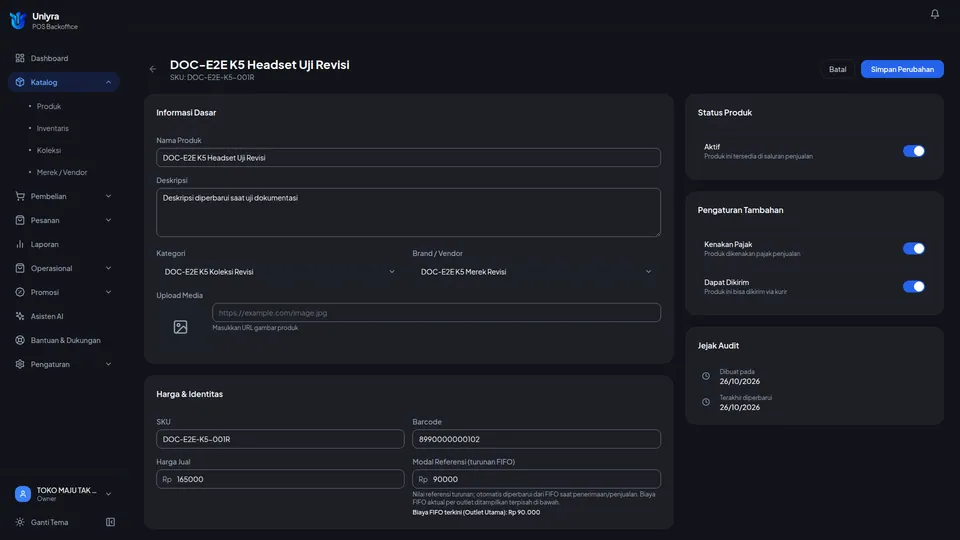 Halaman detail setelah reload menampilkan nama, deskripsi, barcode, dan batas minimum yang baru