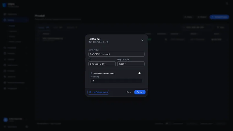Dialog Edit Cepat dengan Judul Produk, SKU, Harga Jual, Stok Barang dan tombol Lihat Selengkapnya
