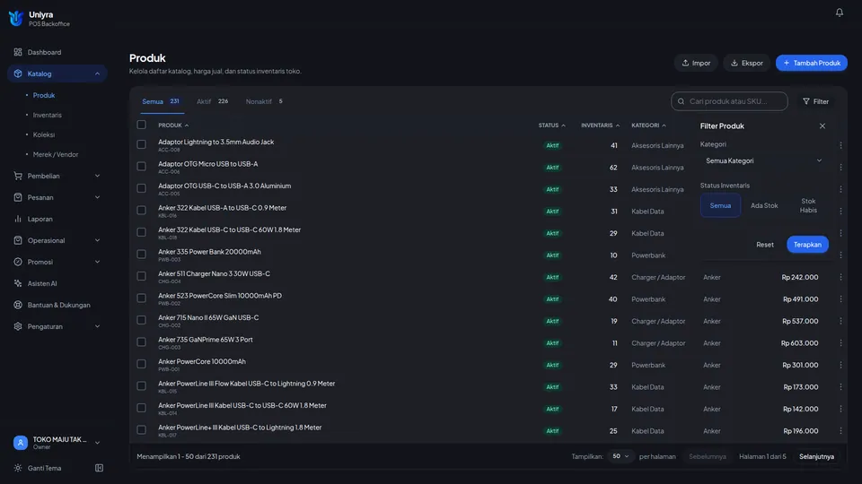 Panel Filter Produk dengan pilihan Kategori, Status Inventaris, tombol Reset dan Terapkan