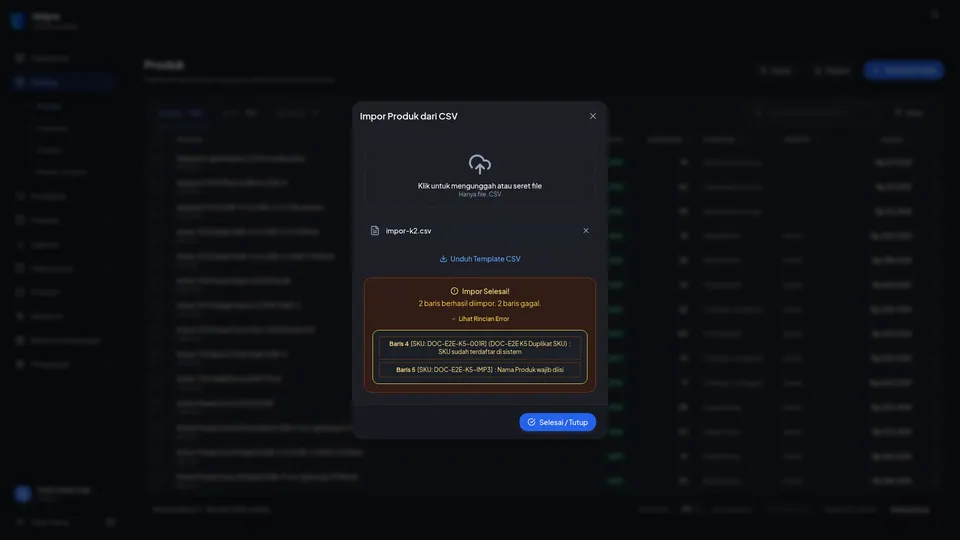 Rincian error impor: baris dengan SKU sudah terdaftar di sistem dan baris dengan Nama Produk wajib diisi