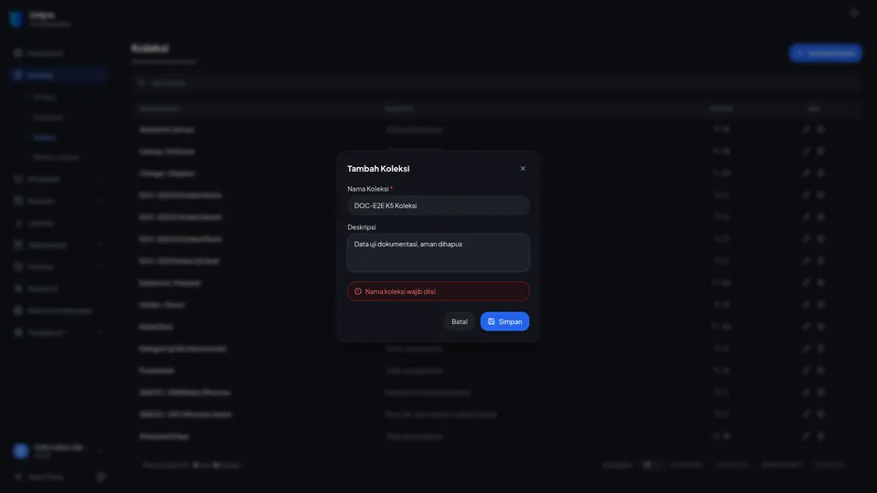 Dialog Tambah Koleksi berisi nama DOC-E2E K5 Koleksi dan deskripsi data uji