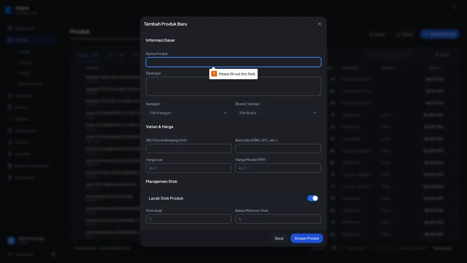 Form Tambah Produk Baru kosong dengan peringatan browser pada kolom Nama Produk