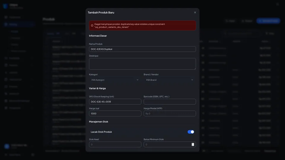 Dialog Tambah Produk Baru dengan pesan merah Gagal menyimpan produk: duplicate key value violates unique constraint
