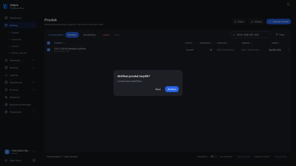 Dialog Aktifkan produk terpilih dengan jumlah produk dan tombol Batal serta Aktifkan