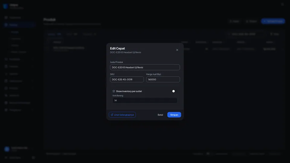 Dialog Edit Cepat terbuka di atas daftar produk setelah memilih Jadikan Nonaktif