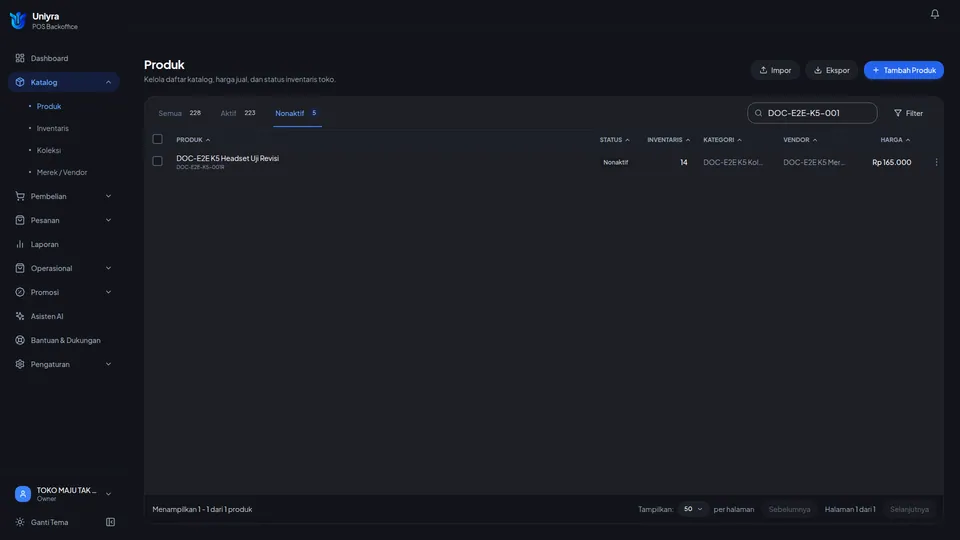Tab Nonaktif menampilkan produk uji berstatus Nonaktif