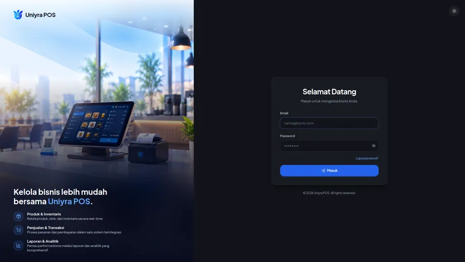 Halaman masuk Backoffice Uniyra POS dengan kolom Email, Password, tautan Lupa password?, dan tombol Masuk