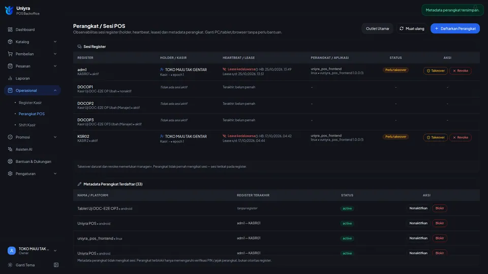 Pemberitahuan Metadata perangkat tersimpan dan perangkat baru tampil berstatus active