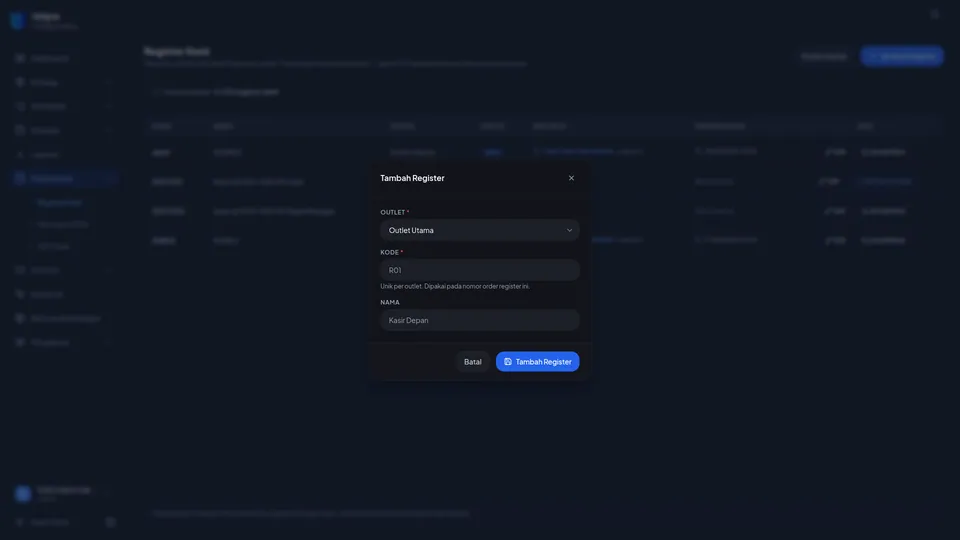 Dialog Tambah Register dengan pilihan Outlet, kolom Kode, kolom Nama, tombol Batal dan Tambah Register