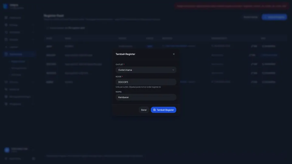 Dialog Tambah Register dengan pesan merah Gagal menyimpan duplicate key setelah kode yang sama dimasukkan