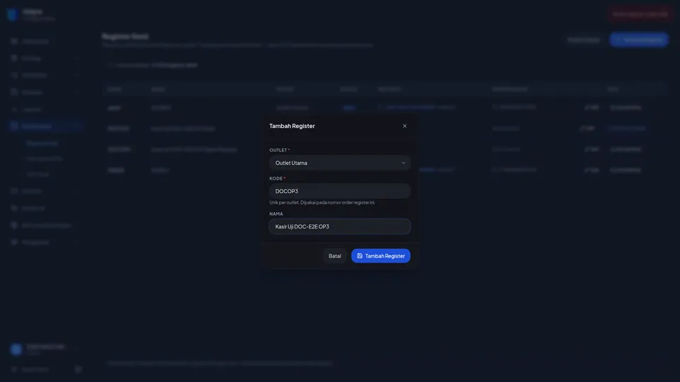 Dialog Tambah Register terisi outlet, kode, dan nama register uji