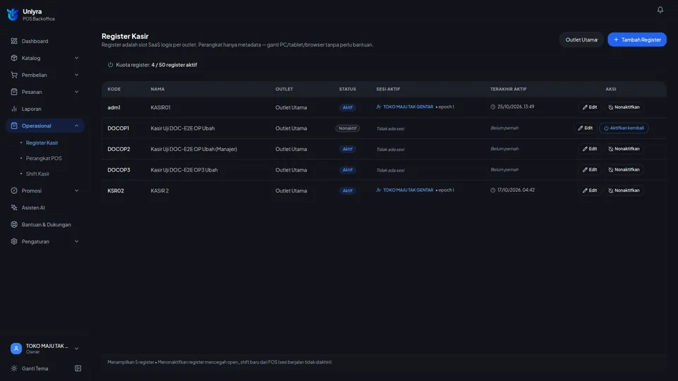 Daftar Register Kasir setelah dimuat ulang menampilkan nama register yang sudah diubah