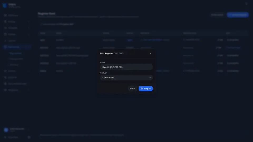 Dialog Edit Register menampilkan kode register sebagai teks, kolom Nama, dan pilihan Outlet