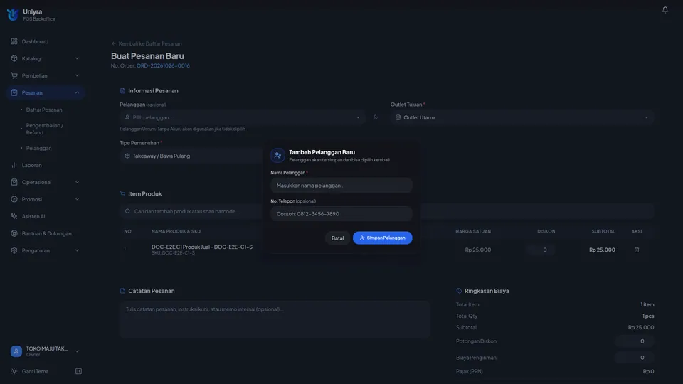 Dialog Tambah Pelanggan Baru pada formulir pesanan dengan kolom Nama Pelanggan dan No. Telepon