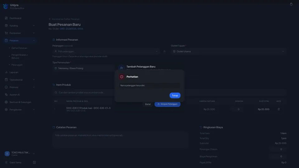 Peringatan Nama pelanggan harus diisi di atas dialog Tambah Pelanggan Baru