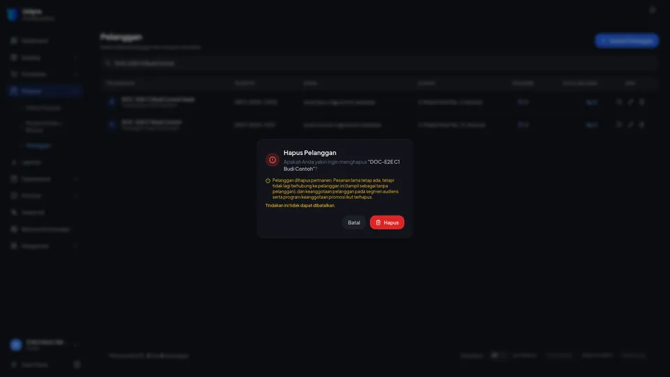Dialog Hapus Pelanggan berisi nama pelanggan dan peringatan bahwa penghapusan permanen serta pesanan lama tidak lagi terhubung