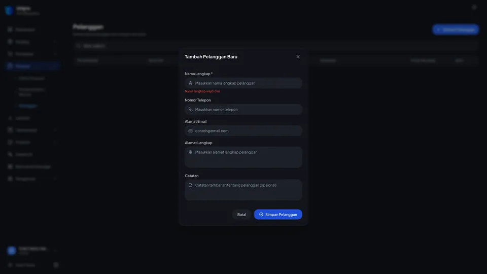 Dialog Tambah Pelanggan Baru dengan pesan merah Nama lengkap wajib diisi di bawah kolom nama