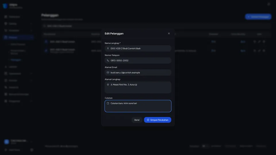 Dialog Edit Pelanggan dengan nama, telepon, email, alamat, dan catatan baru