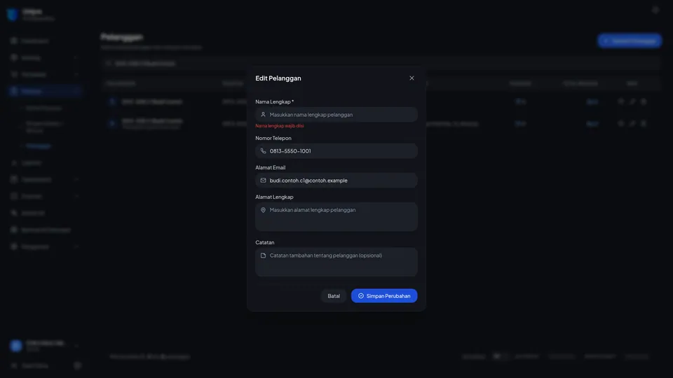 Dialog Edit Pelanggan dengan pesan merah Nama lengkap wajib diisi