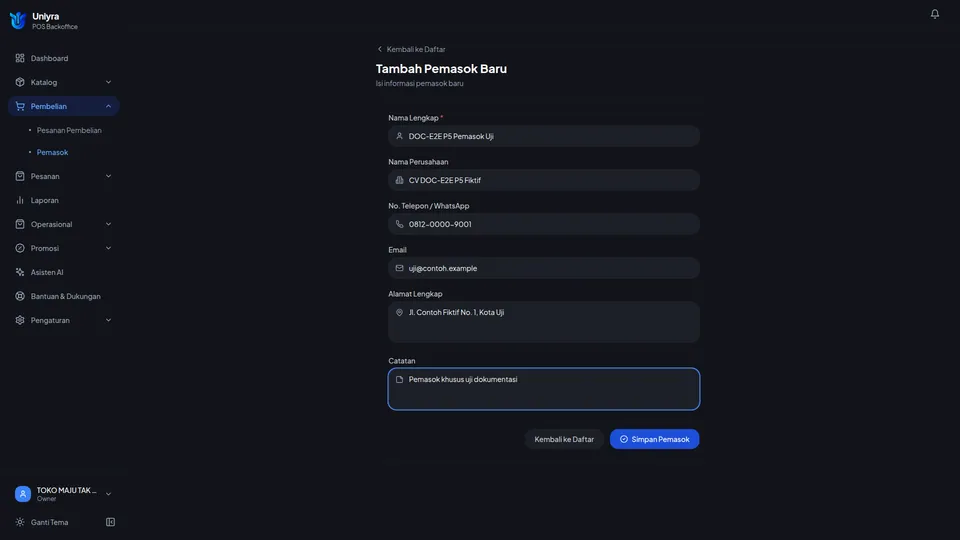 Form Tambah Pemasok terisi dengan data pemasok fiktif