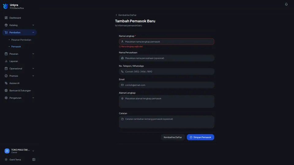 Form Tambah Pemasok dengan pesan merah Nama lengkap wajib diisi
