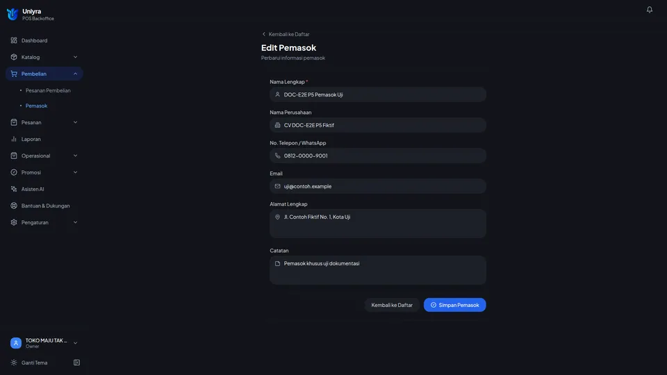 Form Edit Pemasok berisi data pemasok sebelum diubah