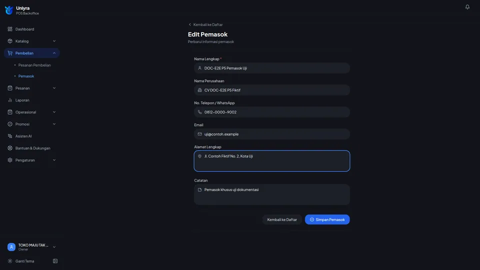 Form Edit Pemasok dengan nomor telepon dan alamat baru terisi
