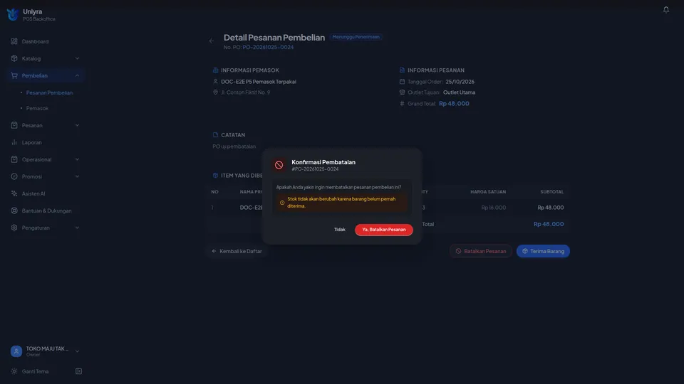 Dialog Konfirmasi Pembatalan dengan tombol Tidak dan Ya, Batalkan Pesanan