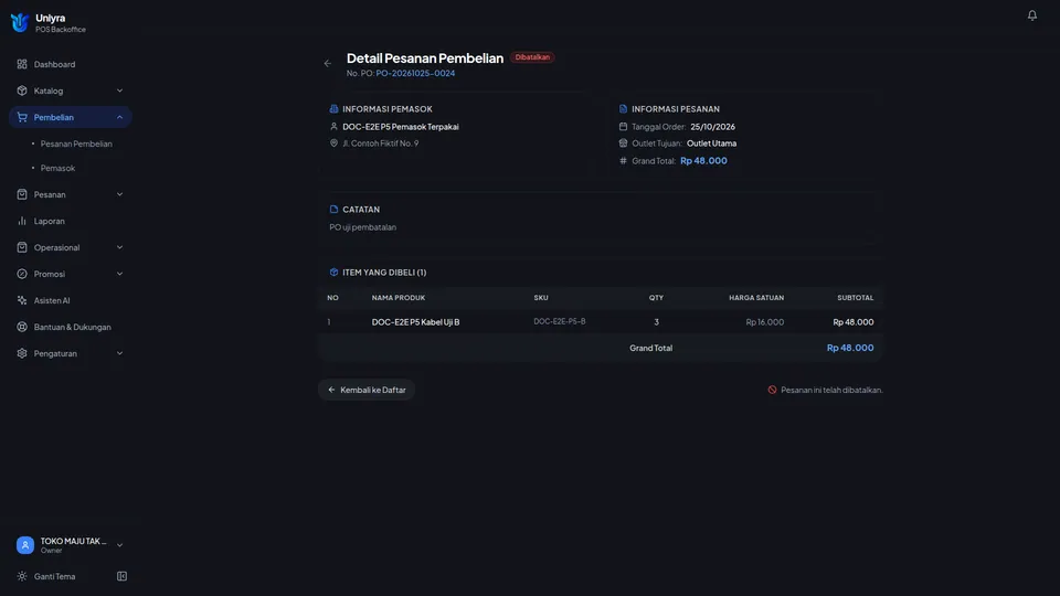 Detail PO setelah reload berstatus Dibatalkan tanpa tombol aksi dan pesan Pesanan ini telah dibatalkan