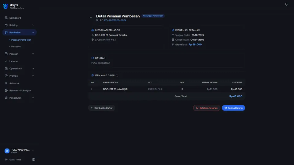 Detail PO berstatus Menunggu Penerimaan dengan tombol Batalkan Pesanan dan Terima Barang