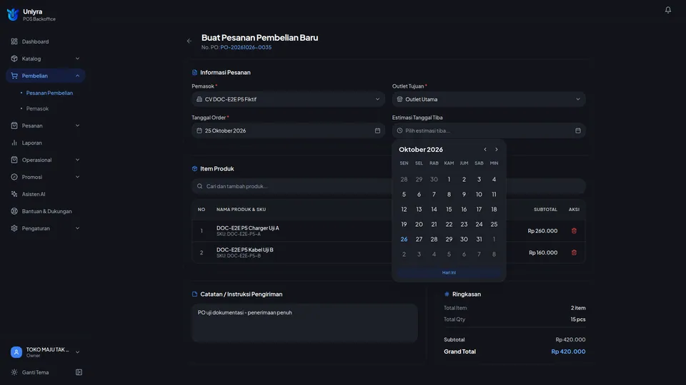 Kalender pemilih Estimasi Tanggal Tiba terbuka pada form PO
