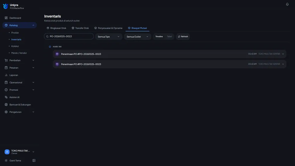Riwayat Mutasi yang dicari dengan nomor PO hanya menampilkan dua entri milik PO itu