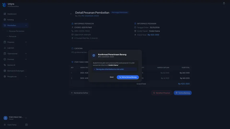 Dialog Konfirmasi Penerimaan Barang dengan nomor PO dan tombol Batal serta Ya, Terima Semua Barang