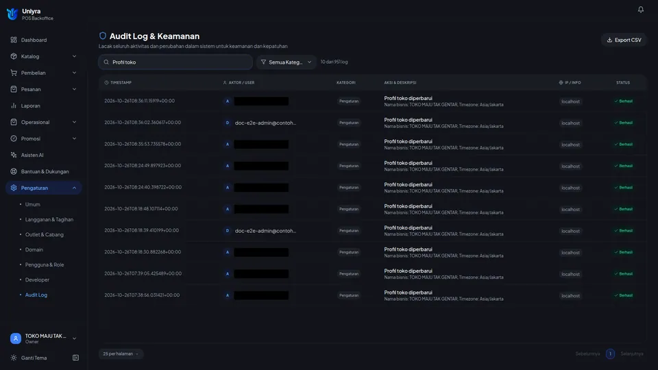 Audit Log dicari dengan Profil toko menampilkan baris Profil toko diperbarui dari akun Owner dan Administrator