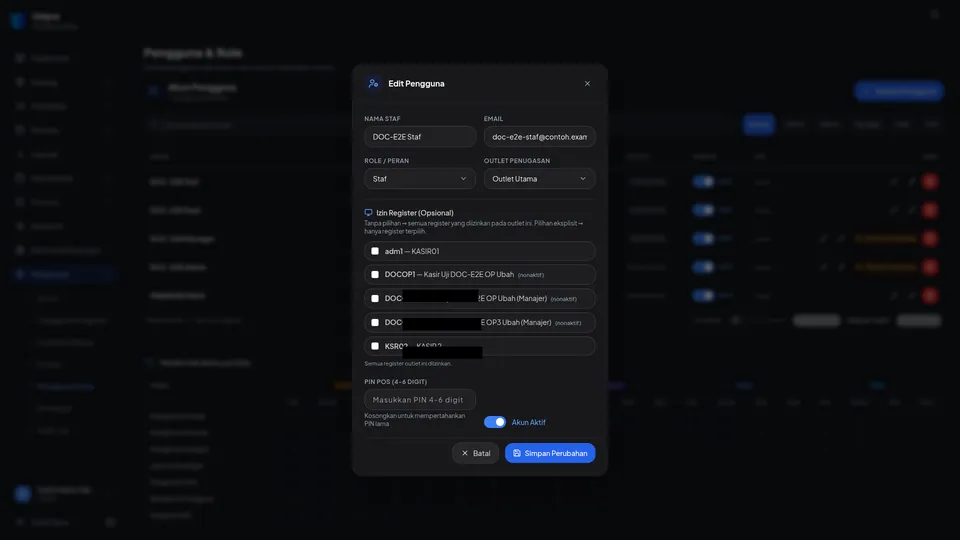 Dialog Edit Pengguna dengan nama, peran, outlet, Izin Register, dan PIN