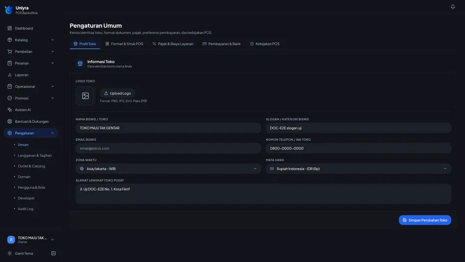 Tab Profil Toko setelah dimuat ulang menampilkan nilai baru yang tersimpan