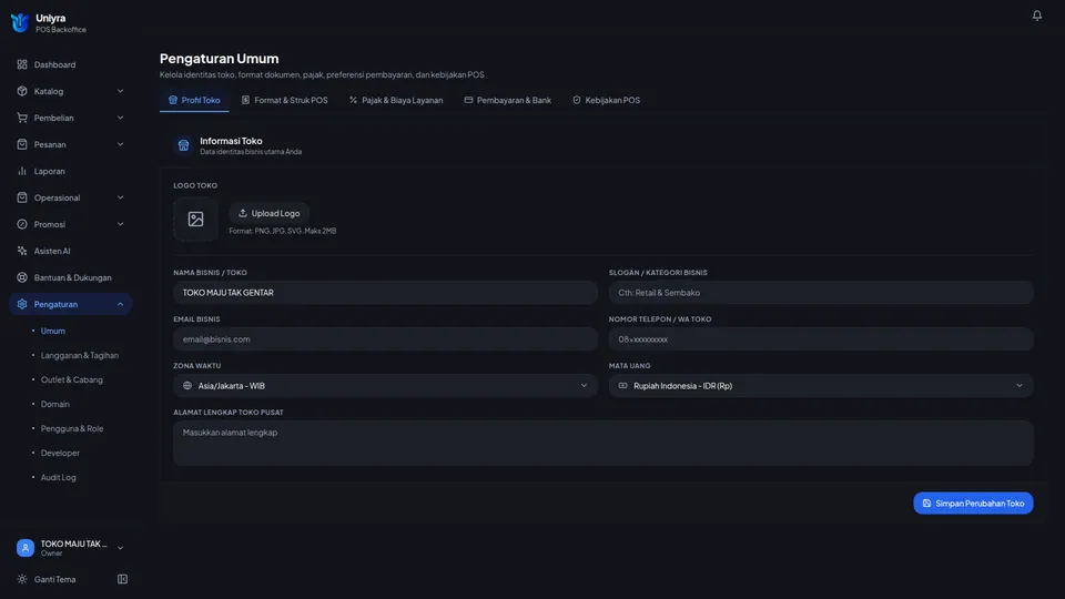 Tab Profil Toko dengan kolom nama toko terisi dan kolom slogan, email, telepon, dan alamat kosong