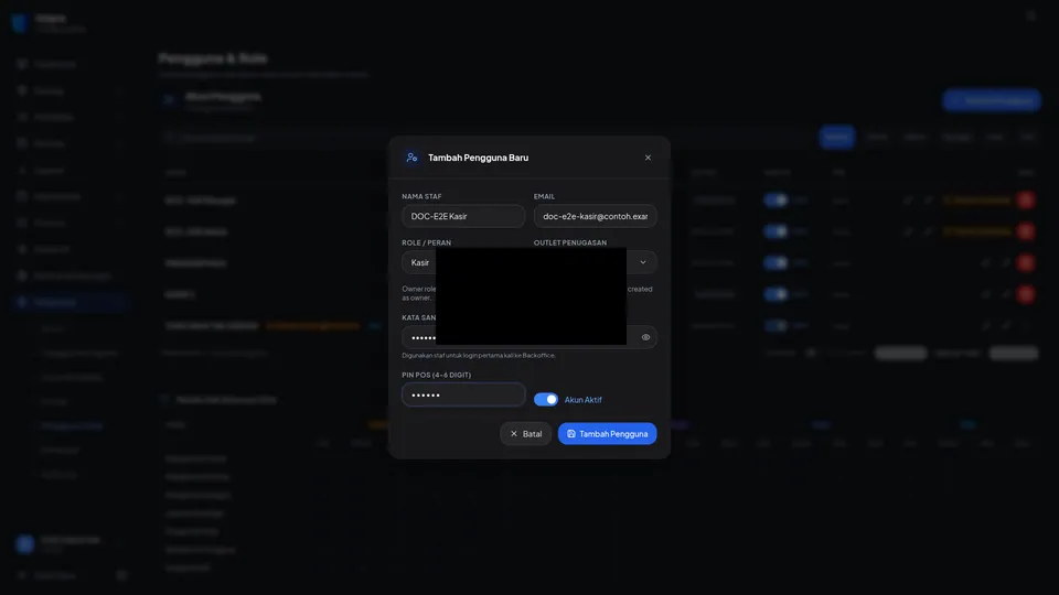 Dialog Tambah Pengguna Baru terisi data akun uji Kasir