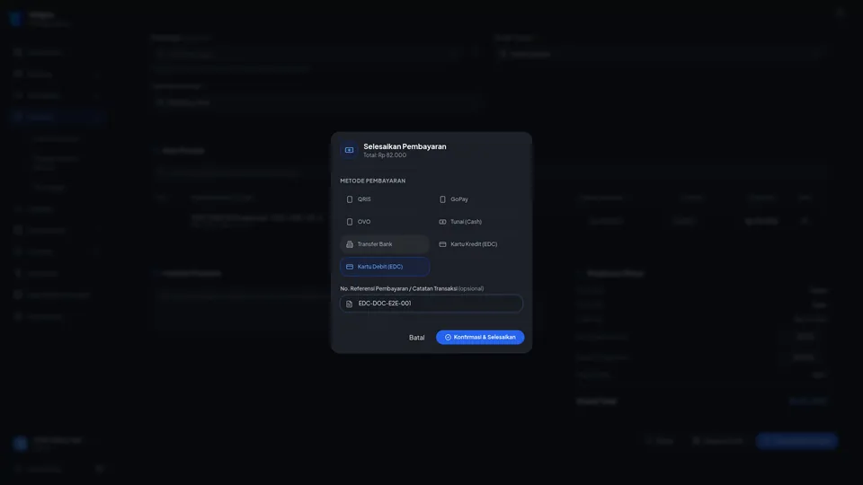 Dialog Selesaikan Pembayaran dengan Kartu Debit (EDC) terpilih dan kolom nomor referensi terisi