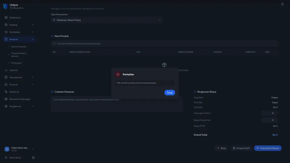 Peringatan Perhatian Pilih minimal 1 produk untuk membuat pesanan pada form Buat Pesanan Baru