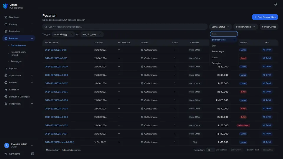 Pilihan status pada daftar pesanan: Semua Status, Draf, Belum Bayar, Lunas, Sebagian, Refunded, Dibatalkan