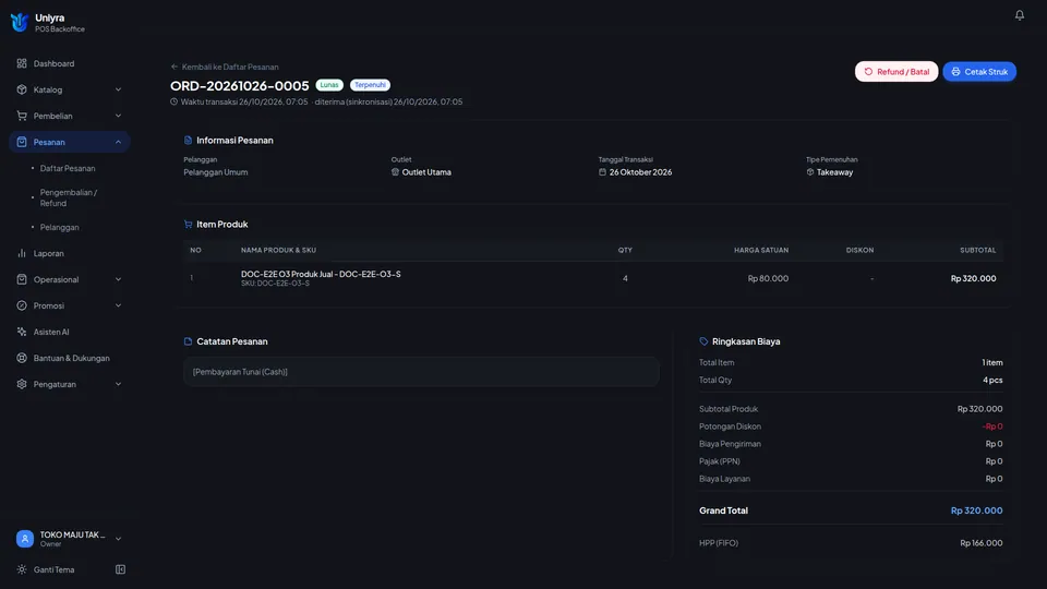 Detail pesanan Lunas dengan tombol Refund / Batal dan Cetak Struk di kanan atas