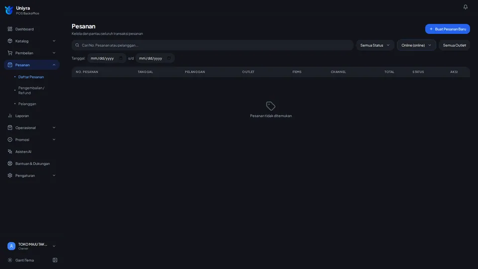 Filter channel Online menampilkan tabel kosong dengan pesan Pesanan tidak ditemukan